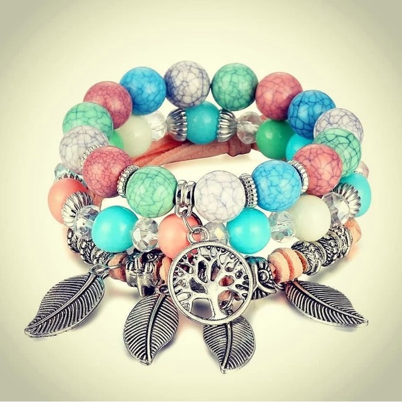 Colorful Beaded Bracelet Set with Silver Accents tree of life - Picture 3 of 4